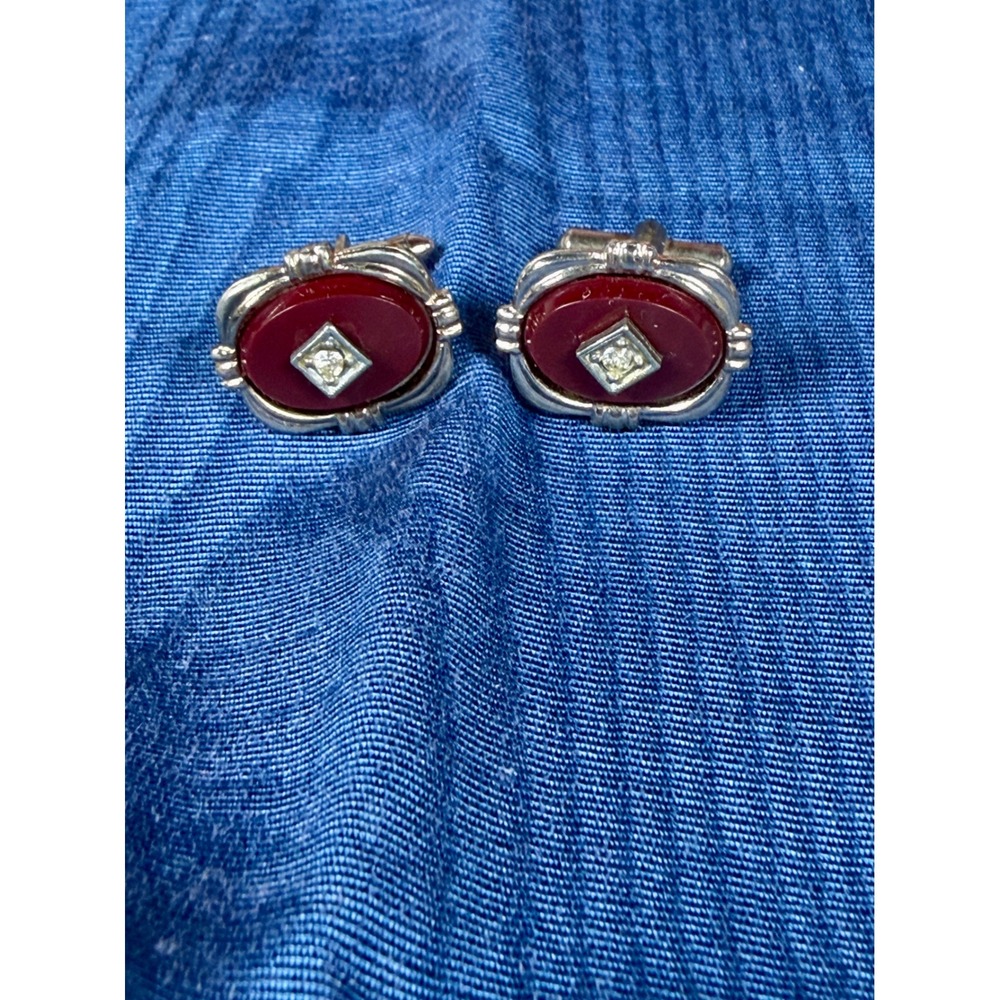 Vintage Silver Tone Red Stone Rhinestone Oval Cufflinks Mens Formal Accessory
